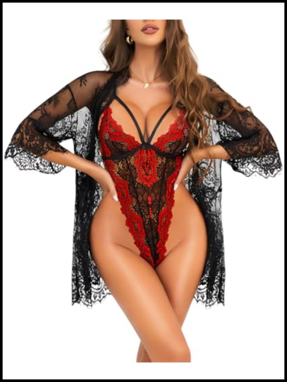 RSLOVE Lace Kimono Robe & Teddy Lingerie Set 2 Piece Bodysuit